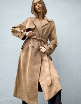 Stradivarius long double breasted belted coat in camel | ASOS (Global)