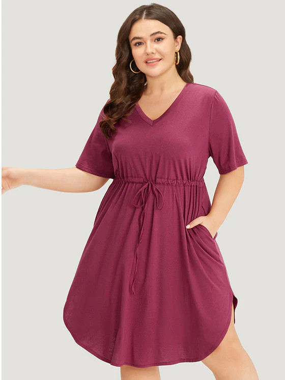 Supersoft Essentials Plain Pocket Curved Hem Drawstring V Neck Dress | Bloomchic