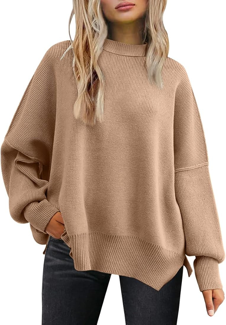 LILLUSORY Women's Crewneck Batwing Long Sleeve Sweaters 2023 Fall Oversized Ribbed Knit Side Slit... | Amazon (US)