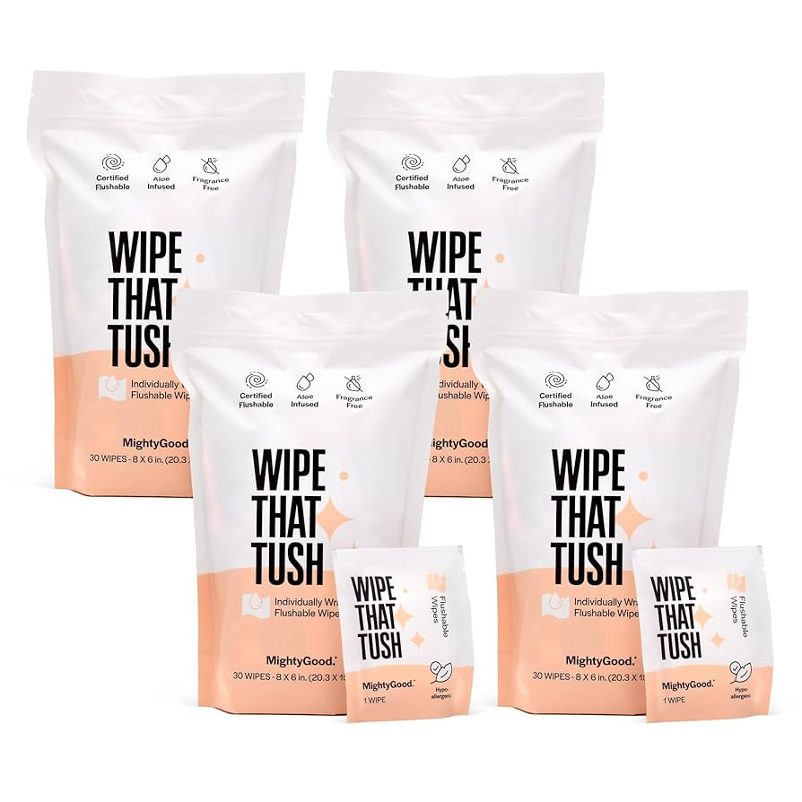 MightyGood. Wipe That Tush On-The-Go Flushable Wet Wipes - 4 Pack, 120 Wipes - Individually Wrapp... | Amazon (US)