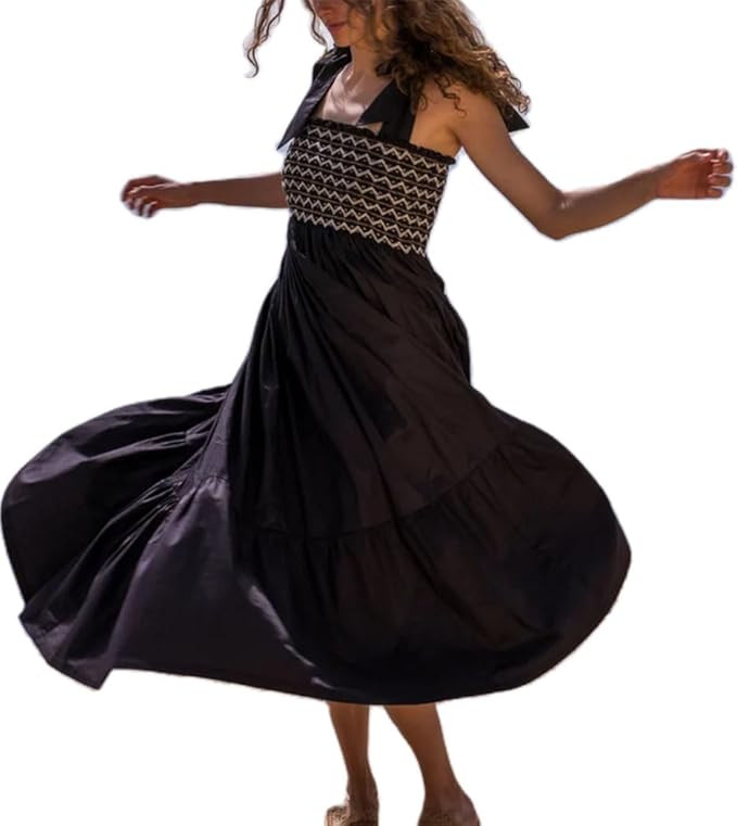 Women's Summer Dresses Flowy Boho Tie Shoulder Strap Smocked Maxi Sun Dress Y2K Floral Long Beach... | Amazon (US)