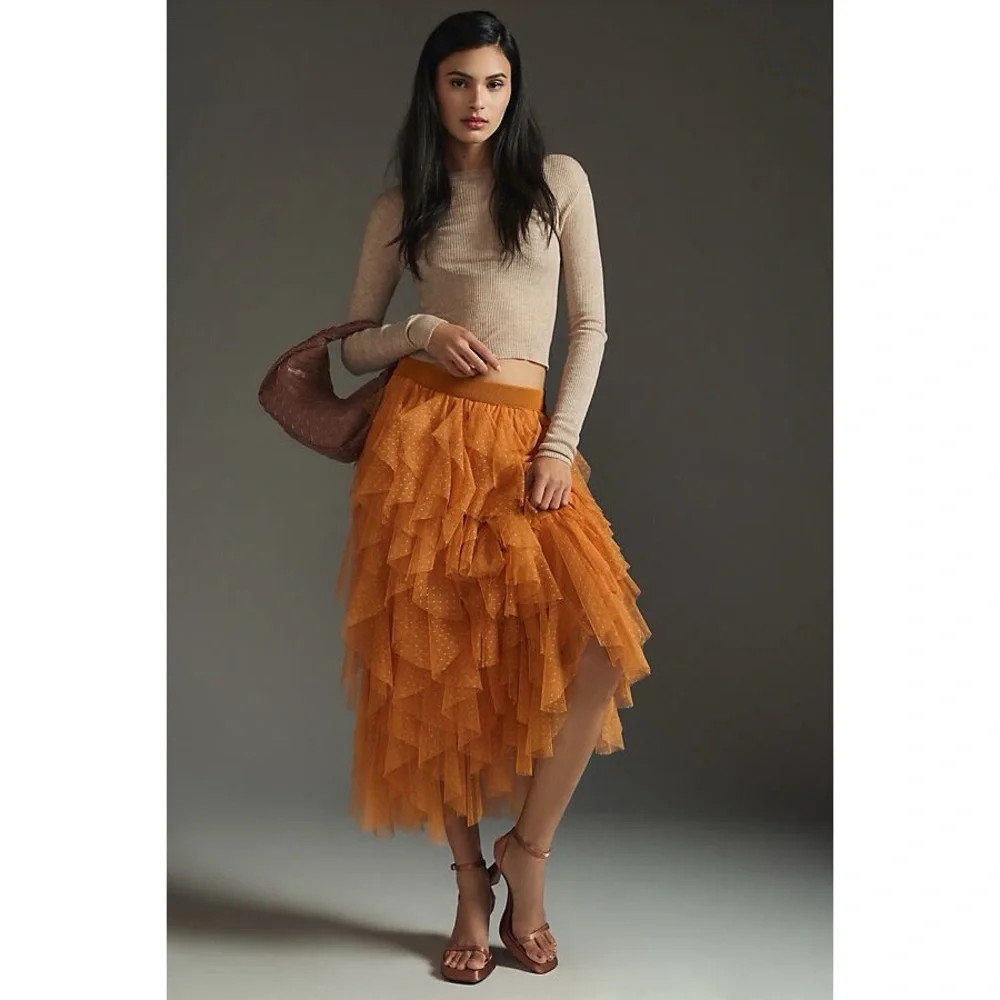 Anthropologie The Cheri Ruffled Tulle Midi Skirt in\u200e Orange | Poshmark