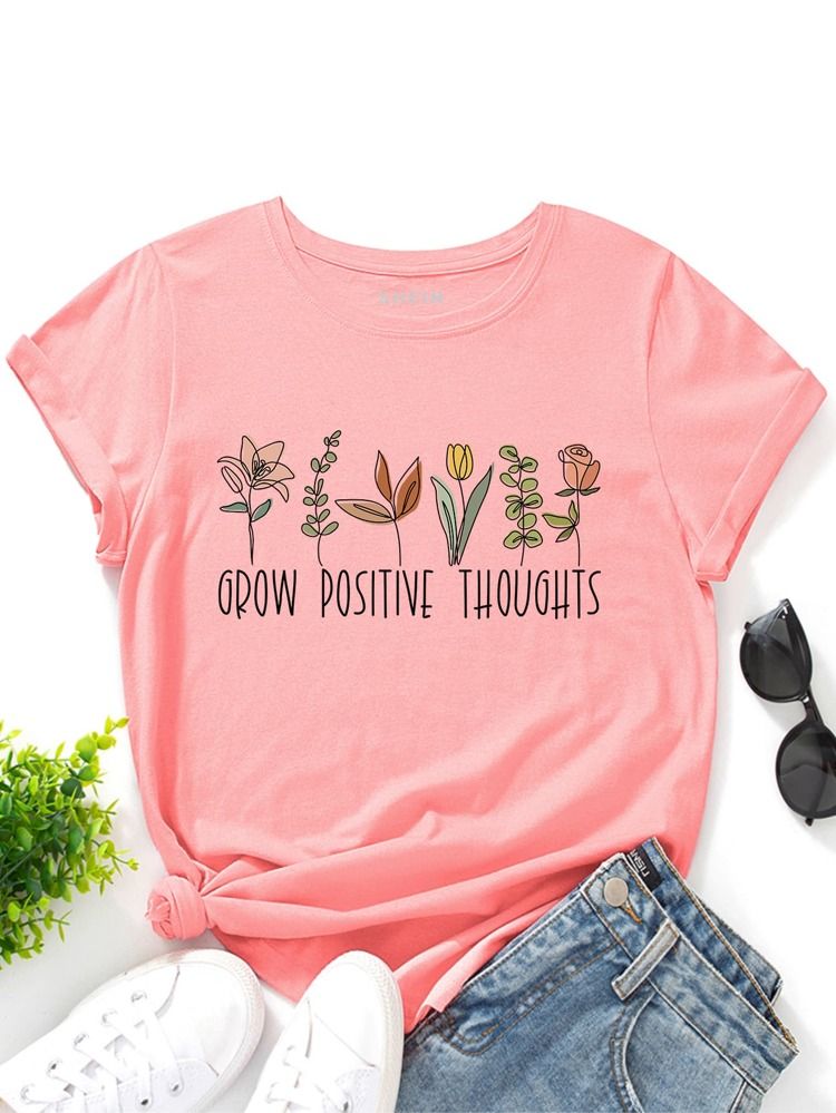 Slogan & Plants Print Tee | SHEIN