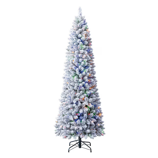 Holiday Living 7-ft Flocked Greensboro Pencil Pre-lit Artificial Christmas Tree with Color Changi... | Lowe's