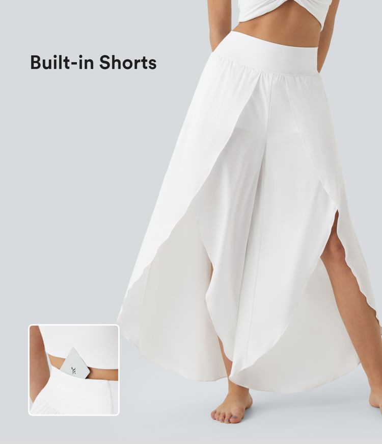 Breezeful™ High Waisted Back Waistband Pocket Palazzo Flowy Split Wide Leg 2-in-1 Quick Dry Cas... | HALARA
