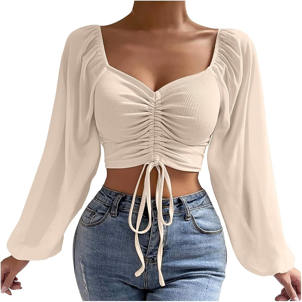 Summer Fall Tops Clearance,Women's Sweetheart Neck Drawstring Ruched Lantern Sleeve Crop Top Blou... | Amazon (US)