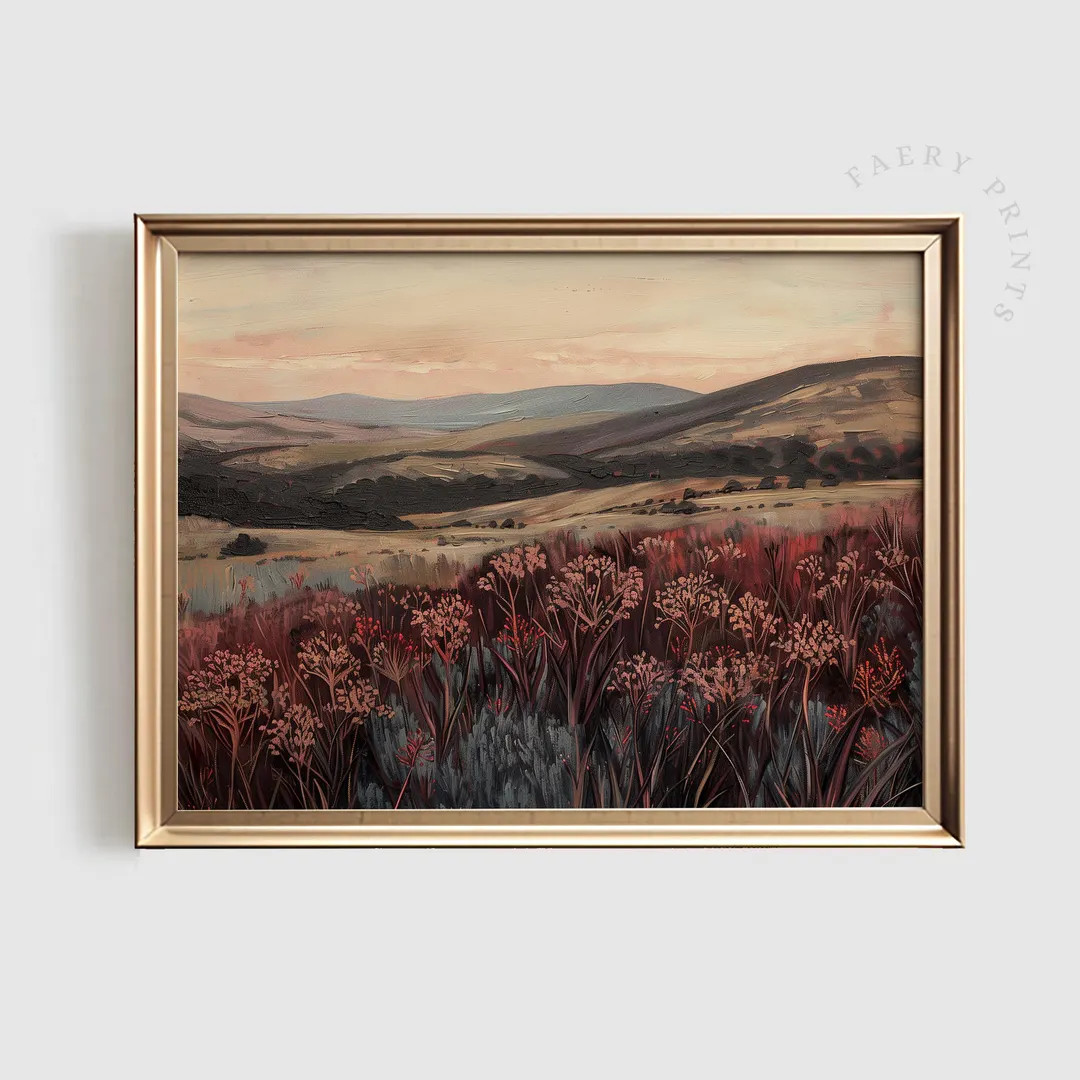 Dark Maroon Landscape Print | Vintage PRINTABLE Wall Art | Moody Wildflower Painting | Moody Red ... | Etsy (US)