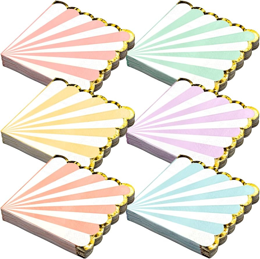Party Paper Napkins, Pastel Scalloped Edge with Gold Foil Luncheon Napkins, 6 Colors, 3-Ply, 100-... | Amazon (US)
