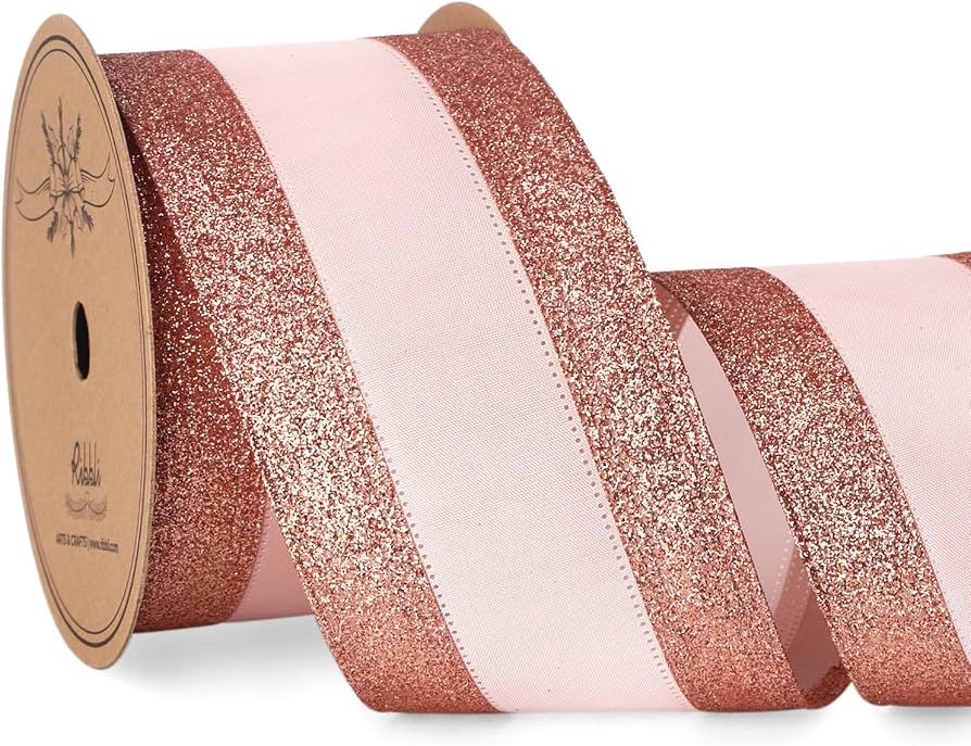 Ribbli Rose Gold Wired Ribbon Satin with Rose Gold Glitter Edge 2.5 Inch Rose Gold Christmas Ribb... | Amazon (US)