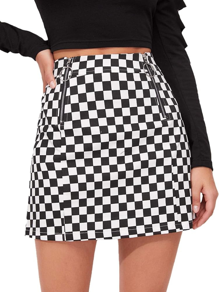 WDIRARA Women's Elegant Mid Waist Above Knee O-Ring Zipper Plaid Mini Skirt | Amazon (US)