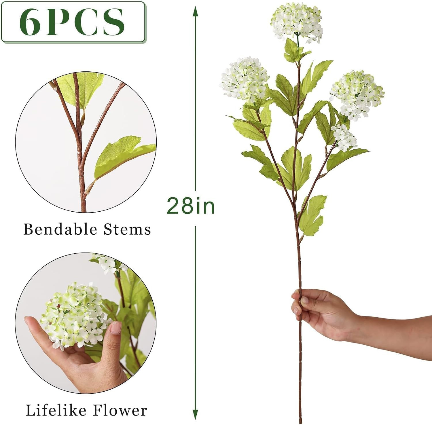 28" Artificial Snowball Hydrangea Flowers for Vase - 6 Pcs Faux Hydrangea Stems Fake Silk Flower ... | Amazon (US)