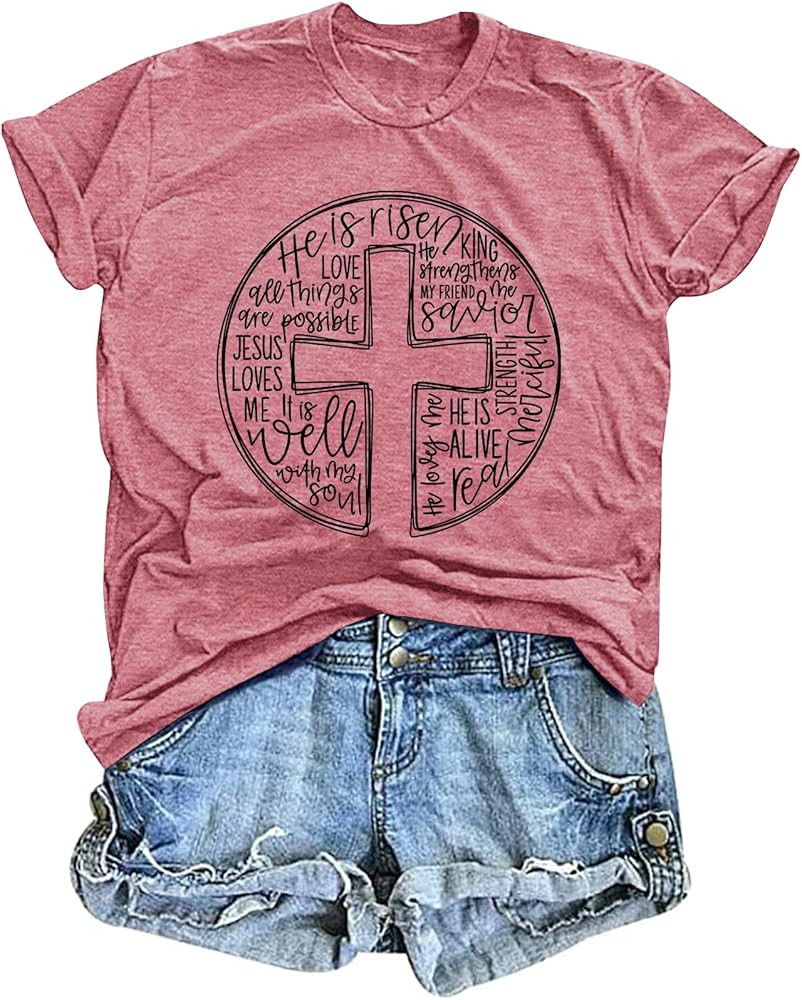 Easter Shirts for Women He is Risen T-Shirt Christian Easter Short Sleeve Easter Gift Bible Verse... | Amazon (US)
