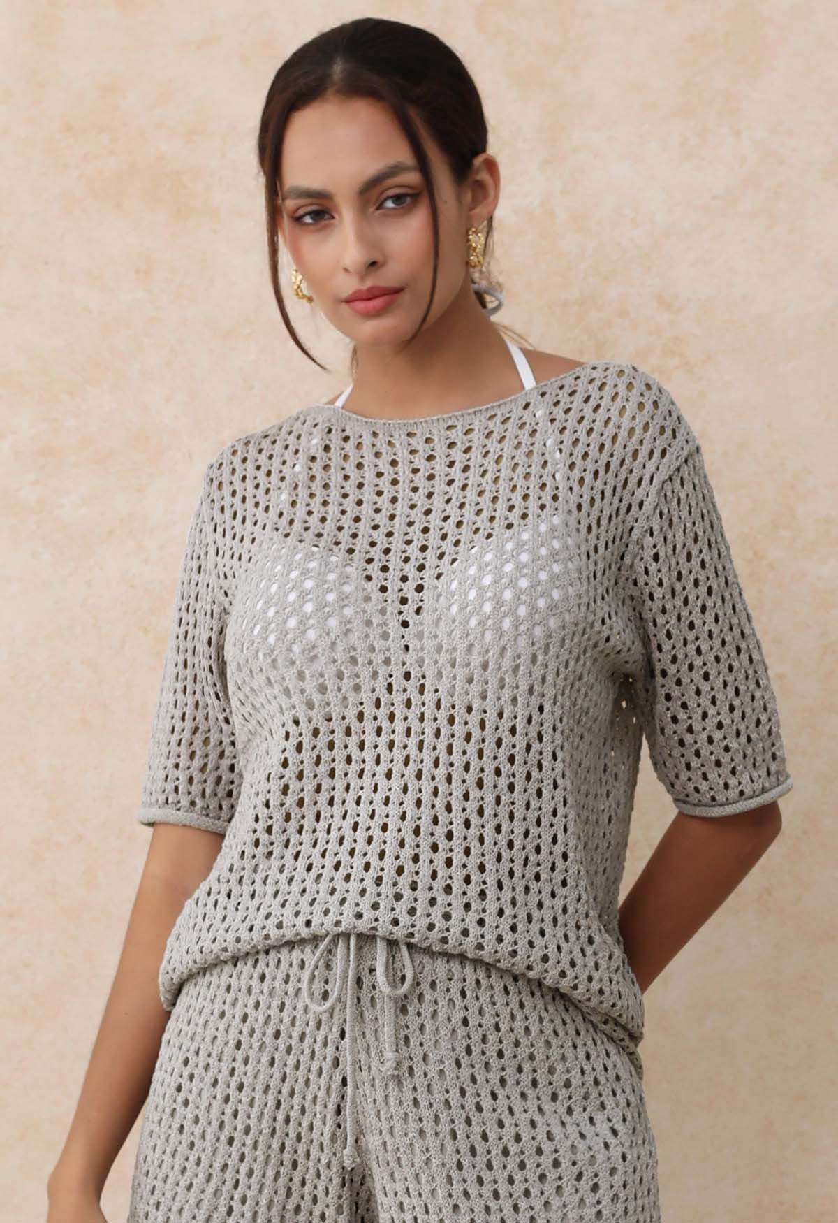 Hollow Out Rolled Edge Knit Top in Grey | Chicwish