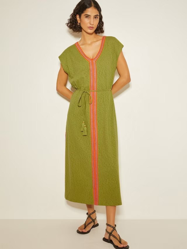 Monsoon Estela Jersey Embroidered Kaftan, Green/Multi | John Lewis (UK)