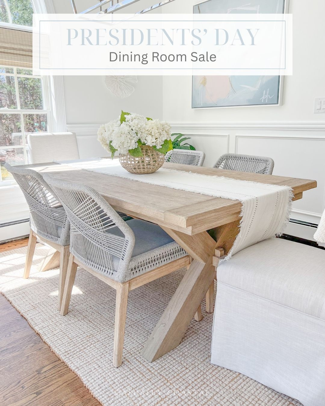 Almost everything in my dining room is on sale this Presidents' Day weekend, including my dining table, rug, vase, chairs & woven shades! My table is the seadrift finish (in the 74"-104" size), my rug is the natural color, and my shades are Tibet ivory.
---- 
coastal dining room, dining room decor, neutral dining room, neutral home decor, neutral decor, beach decor, beach style, dining room furniture, dining room ideas. faux flowers, amazon hydrangeas, woven vase, large vase, serena & lily vase, coral wall decor, dining room table chairs, gray rope chairs, wayfair dining chairs, pottery barn dining table, Toscana dining room table, seadrift dining table, dining room chairs, dining room rugs, pottery barn rugs, coastal rugs, woven shades, 8x10 rugs, 5x8 rugs, 9x12 rugs, dining room tables on sale, dining room ideas, dining room decor, white dining room, jute rugs, wool rugs, neutral rugs, dining tables with leafs, presidents day sale

#LTKHome #LTKSaleAlert