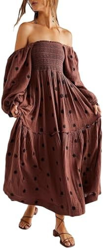 Floral Embroidered Maxi Dress, Long Puff Sleeve, Square Neck Bohemian Flowy Dress | Amazon (US)