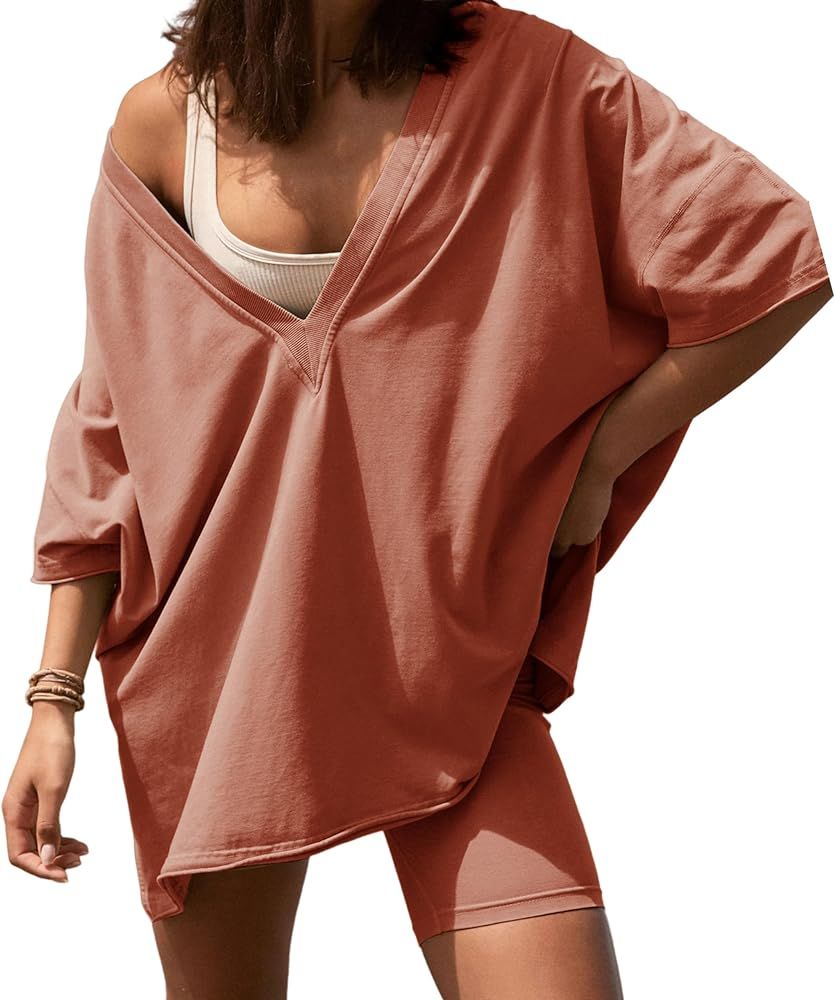 Athlisan Womens 2 Piece Shorts Set for Women Oversized V Neck T Shirt Biker Shorts Workout Hot Sh... | Amazon (US)