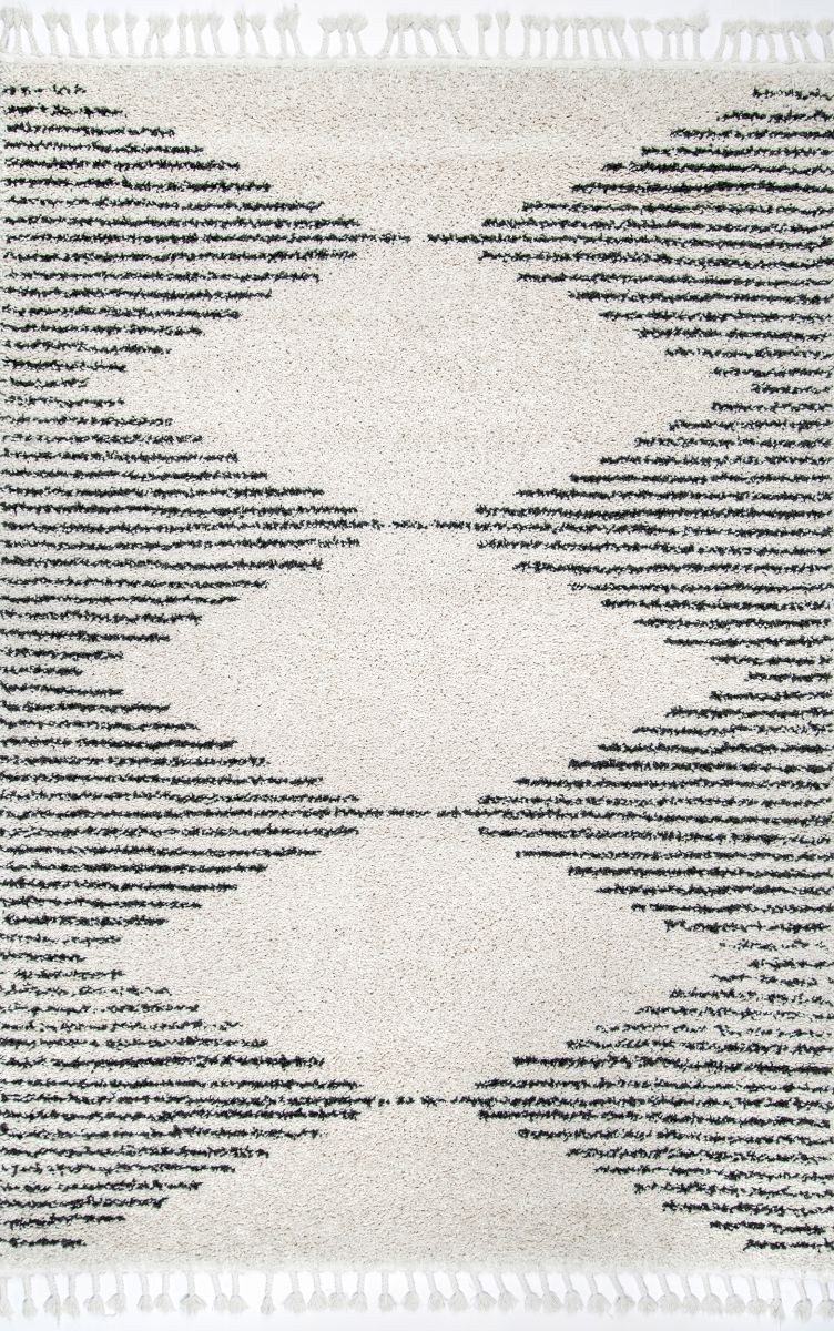 Off White Moroccan Diamond Pinstripes Tassel 6' 7" x 9' Area Rug | Rugs USA