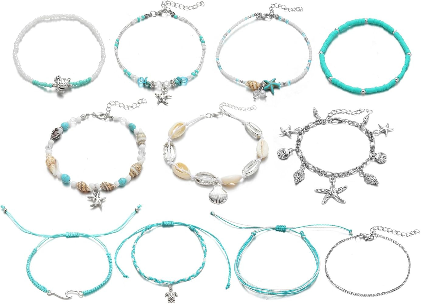 IFKM 11pcs Woven Silver Beach Anklets For Women Girls Adjustable Handmade Surfer Wave Ankle Brace... | Amazon (US)