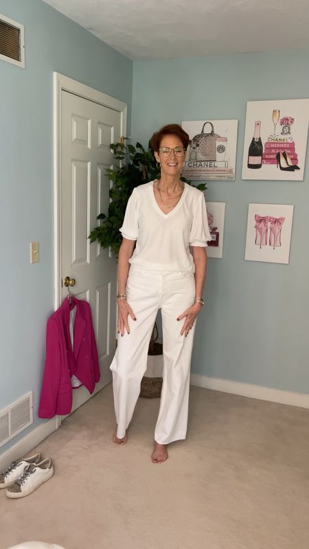 A great teach outfit to head back to the classroom.
Wearing a Gibsonlook white tee shirt elevated with smooched sleeves and a Swiss dot patter. Paired it white jeans, and my pink Gibsonlook stretch knit double breasted blazer.

#LTKover40 #LTKworkwear #LTKBacktoSchool