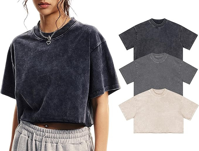 Womens Oversized Vintage T Shirts Casual Cropped Tees Short Sleeve Cotton Acid Wash Tops Summer G... | Amazon (US)