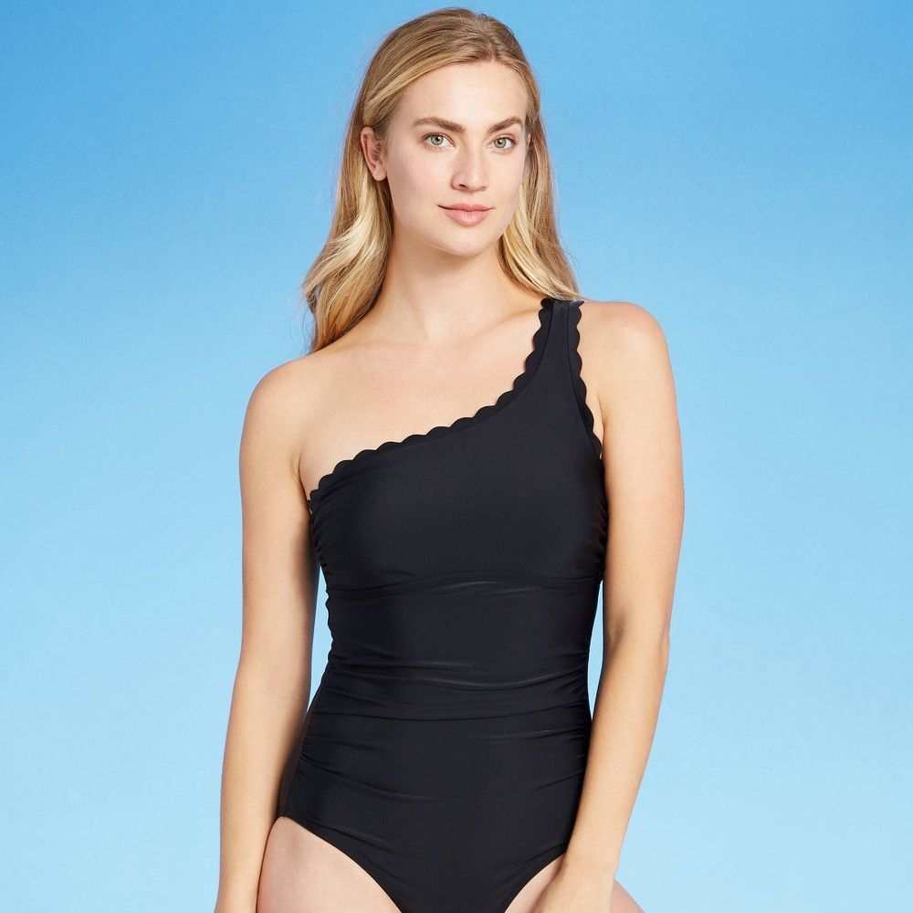 Women's Shirred Scallop One Shoulder One Piece Swimsuit - Kona Sol Black L | Target