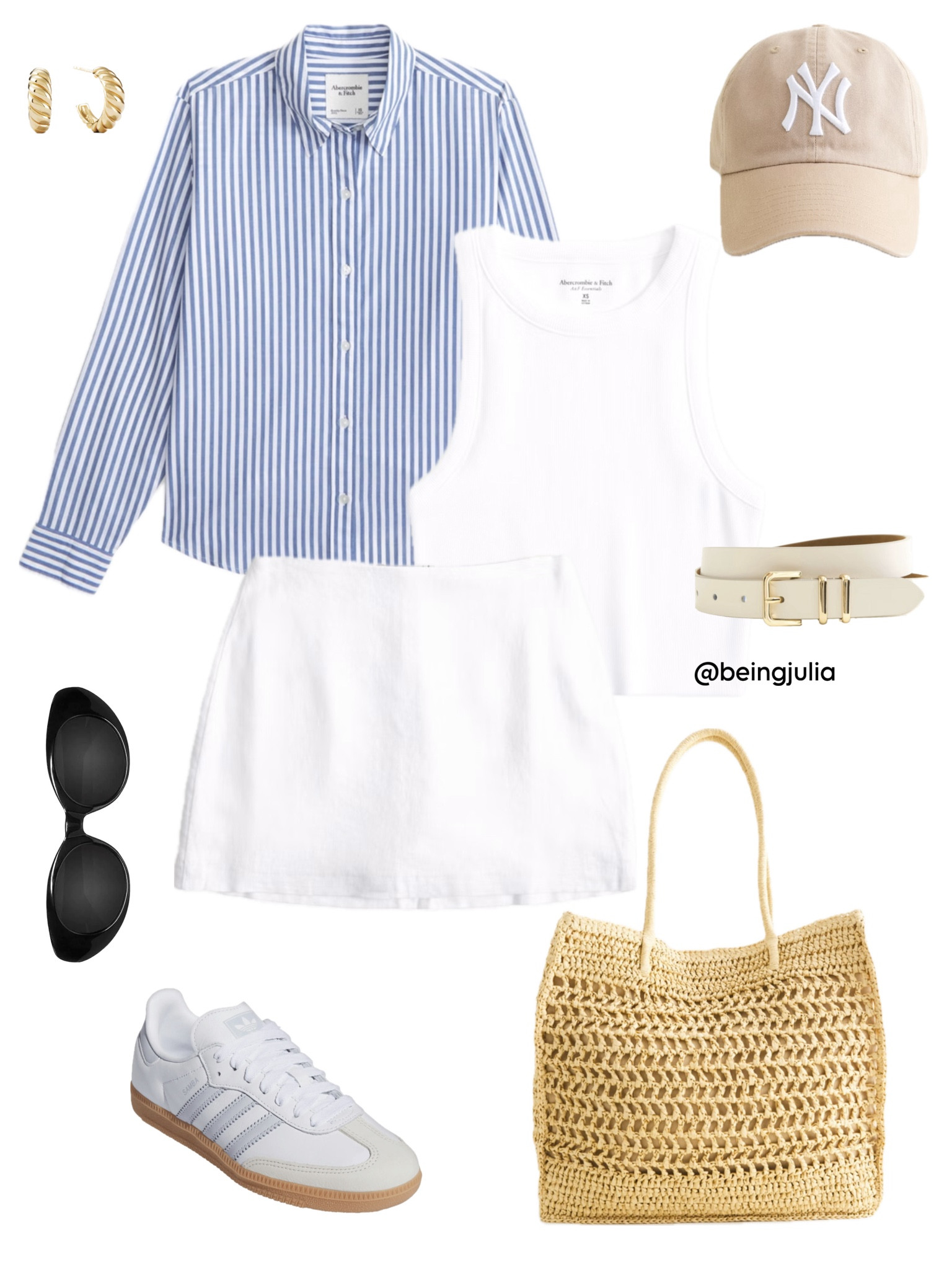 Spring outfit inspiration! Details below:

-Blue and white striped button up shirt
-White ribbed racer back tank top
-White linen skort 
-Straw tote bag
-Adidas samba sneakers 
-Celine Triomphe sunglasses 
-White belt
-Beige baseball cap
-Gold dome hoop earrings


#LTKSeasonal #LTKfindsunder100 #LTKstyletip