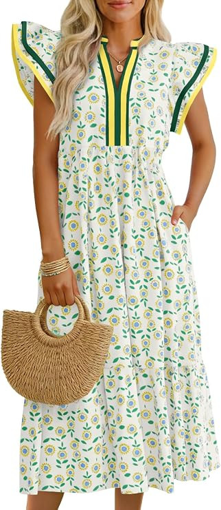 Wenrine Womens Summer Floral Midi Dresses Ruffle Cap Sleeve V Neck Flowy Boho Casual Beach Vacati... | Amazon (US)