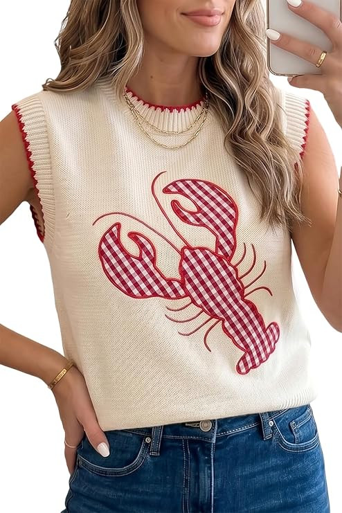 Womens Crawfish Sleeveless Knit Sweater Vest Casual Crewneck T Shirts Summer Pullover Tops | Amazon (US)