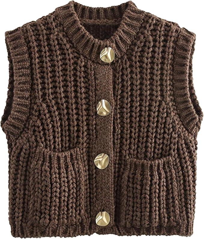 Sweater Vest Women Sleeveless Button Down Crew Neck Crochet Chunky Knit Crop Tops Cardigan with P... | Amazon (US)