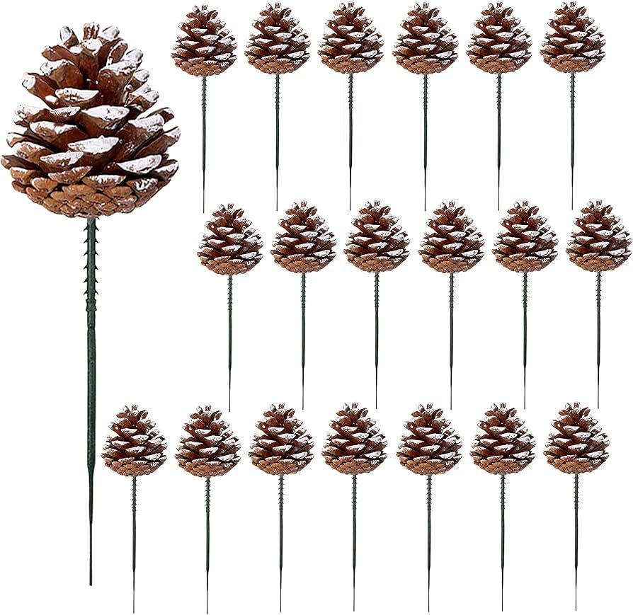 20 Pieces Christmas Pine Cones Decorations Picks - Snow Pine Cone for Xmas Tree Garland Wreath Or... | Amazon (US)