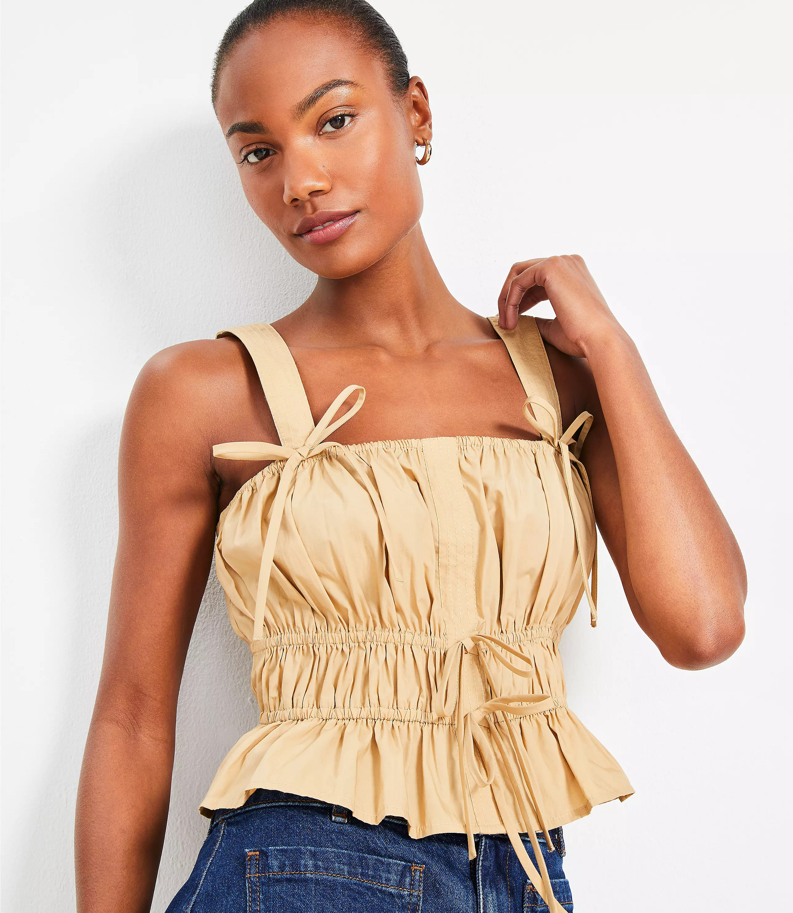 Poplin Ruched Tie Peplum Tank Top | LOFT