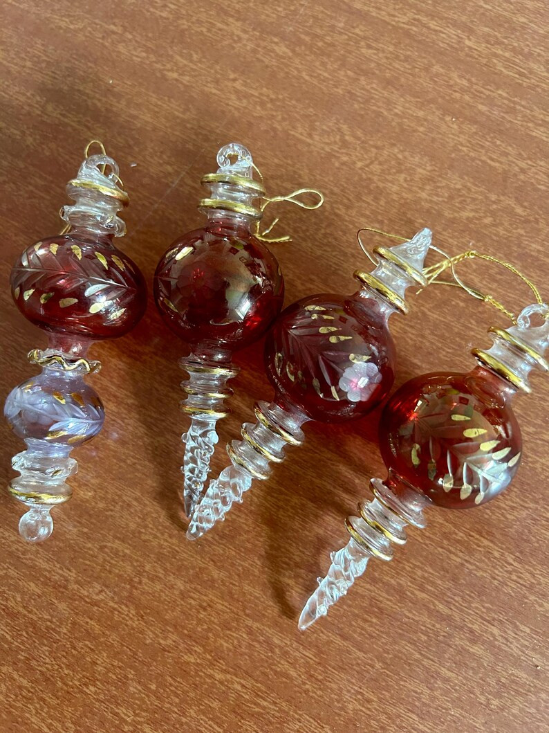 Set of 4 Vintage Egyptian Hand Blown & Etched Glass Christmas Decorations - Etsy | Etsy (US)