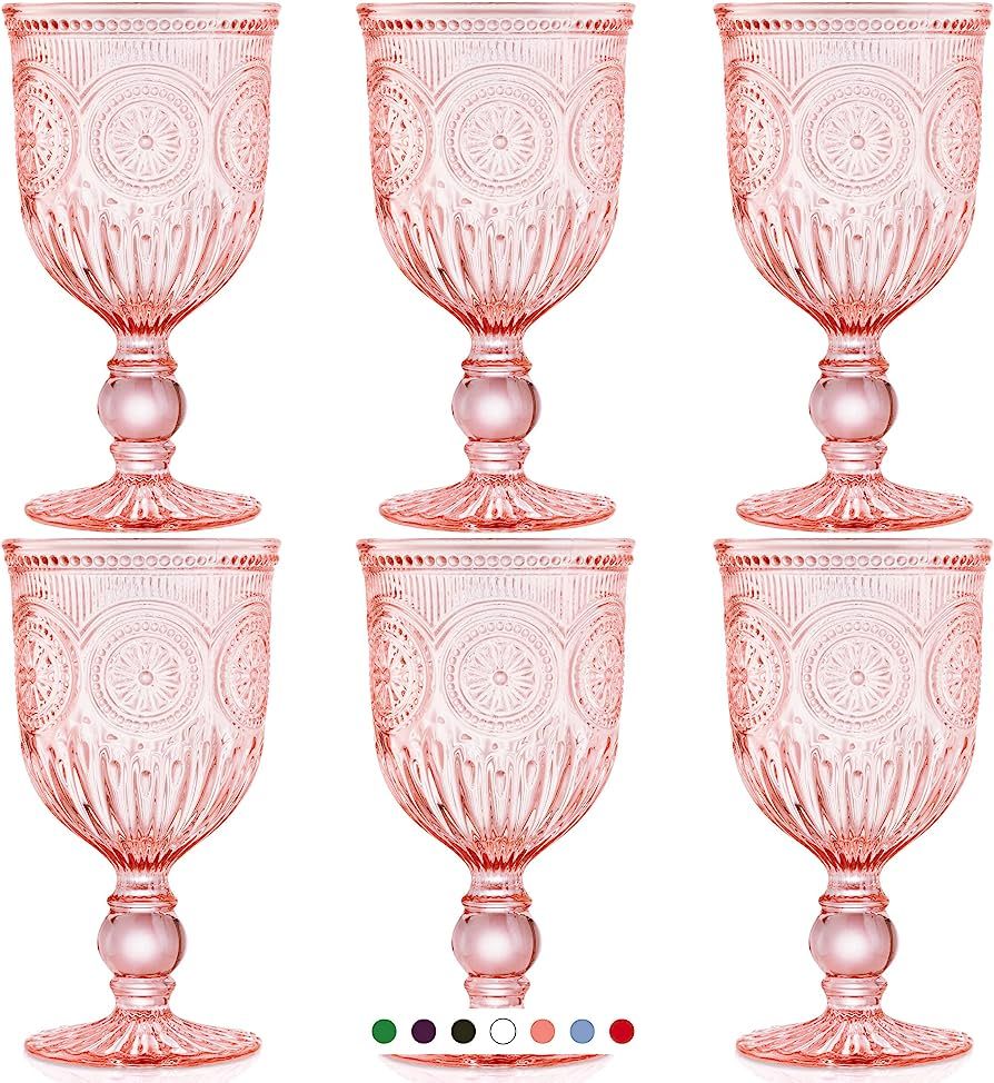 Yungala Pink Wine Glasses set of 6 pink goblets, dishwasher safe colored pink glassware, vintage ... | Amazon (US)