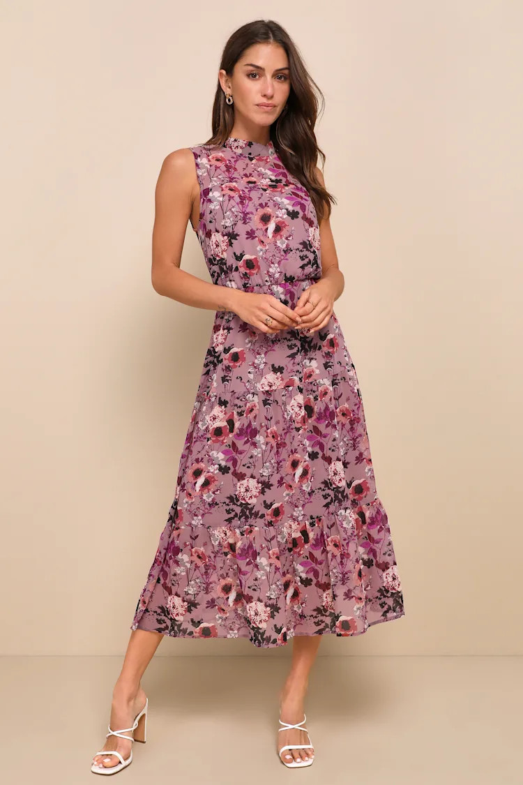 In My Dreams Mauve Floral Print Midi Dress | Lulus