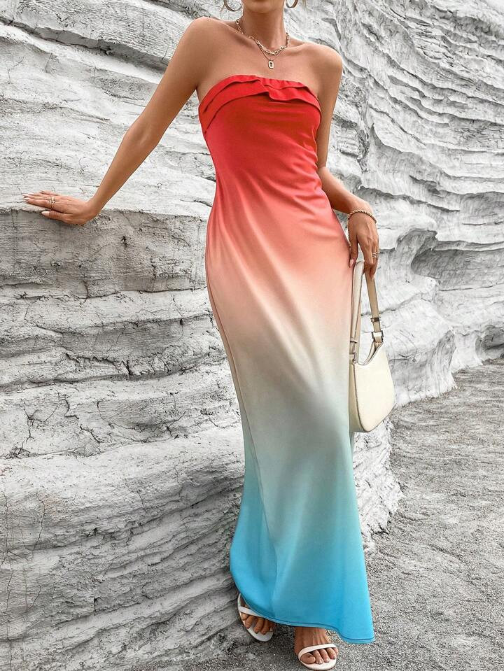 New  SHEIN Privé Ombre Ruched Tube Dress | SHEIN