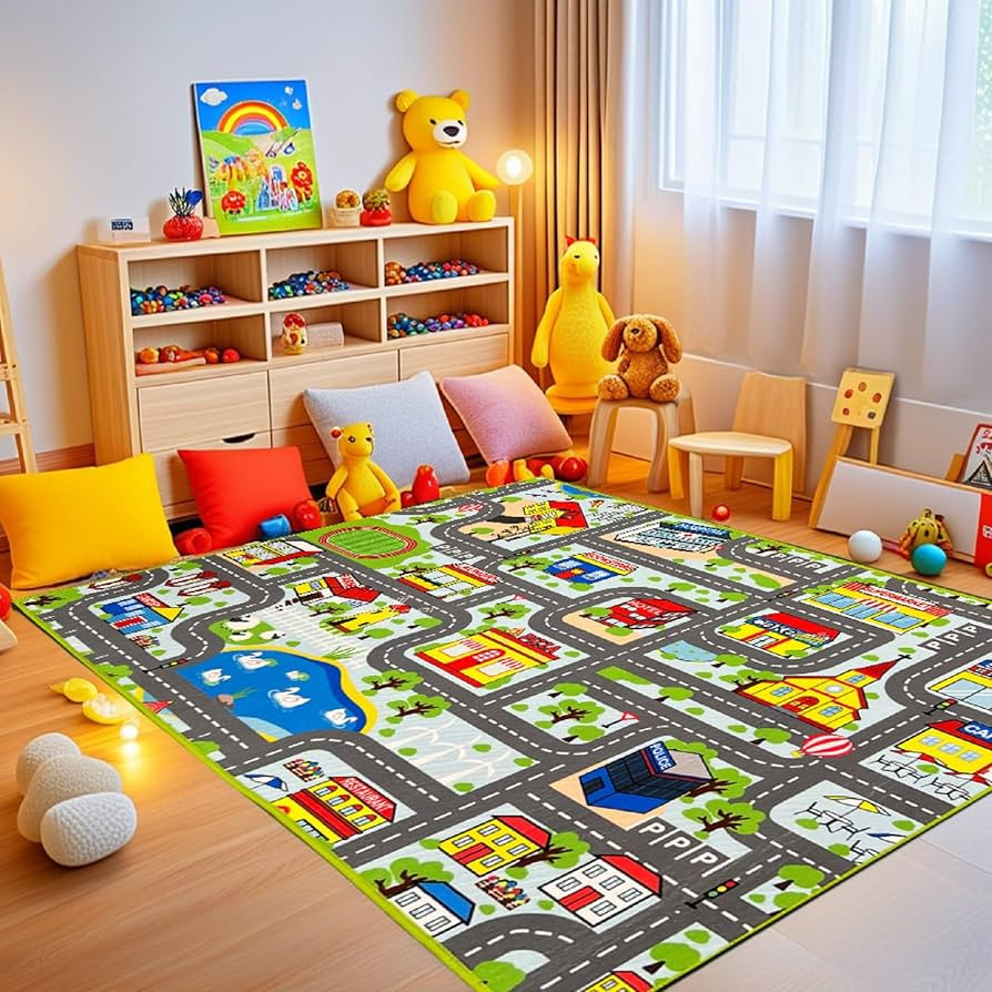 Car Rug Play Mat - Road Rug for Kids with Hospital & Hotel Design, Toy Car Track Carpet City Life... | Amazon (US)