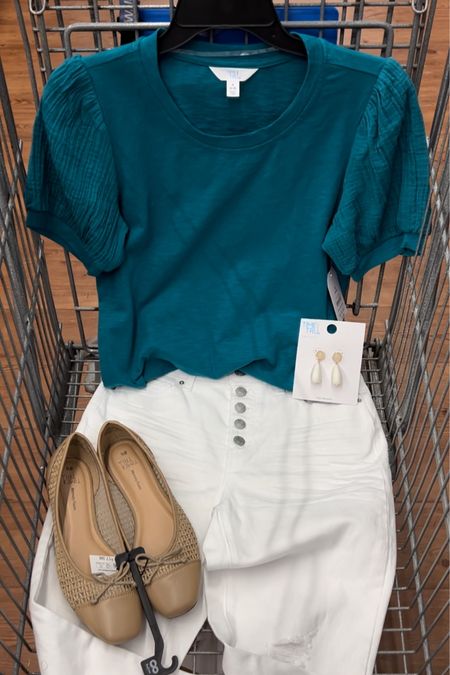 New Walmart $10 puff sleeve top (tts small) and white jeans with these darling neutral ballet flats (they’re comfy, I’ve had mine a couple weeks and wore them out a few times so far). Fit tts. 

#LTKstyletip #LTKfindsunder100 #LTKfindsunder50