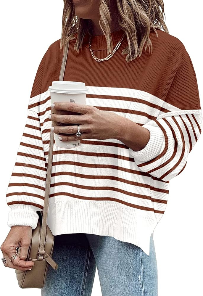 Oversized Sweaters for Women Fall 2023 Trendy Crewneck Batwing Long Sleeve Knit Tops Side Slit Pu... | Amazon (US)