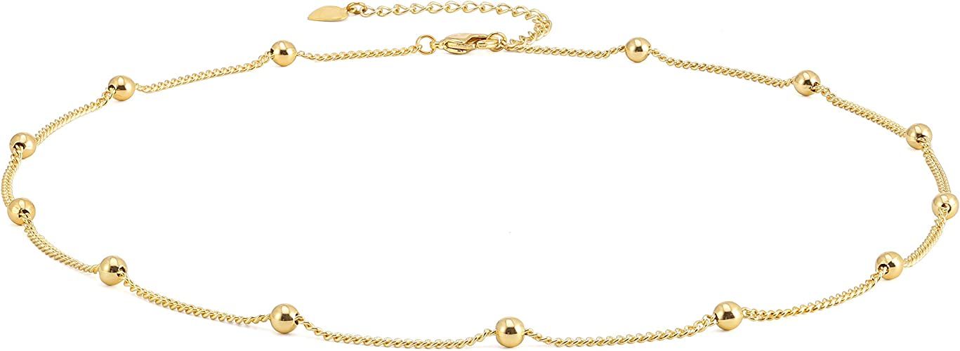 18k Gold Satellite Chain Choker Lava Bead Pendant Necklace Dainty Jewelry for Women 16'' | Amazon (US)