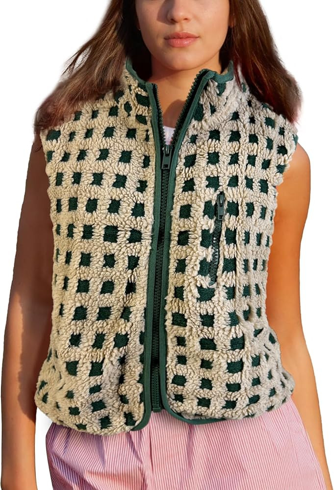 Womens Checkered Sherpa Vest Sleeveless Winter Fleece Jacket High Neck Zip Up Plaid Gilet with Ch... | Amazon (US)