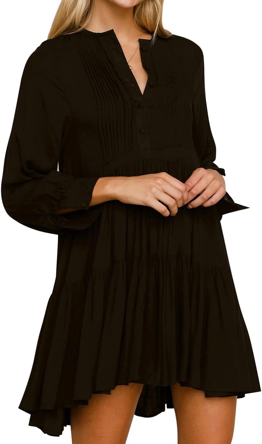 R.Vivimos Womens Fall Long Sleeve Casual Cotton Ruffle Button Down Loose Fit Mini Dress | Amazon (US)