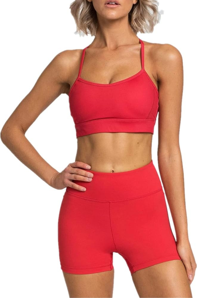 IWEMEK Women's Workout Sets 2 Piece Yoga Outfits High Waisted Biker Shorts and Cross Back Sports ... | Amazon (US)