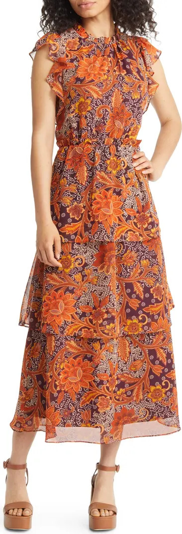 Floral Tiered Flutter Sleeve Midi Dress | Nordstrom