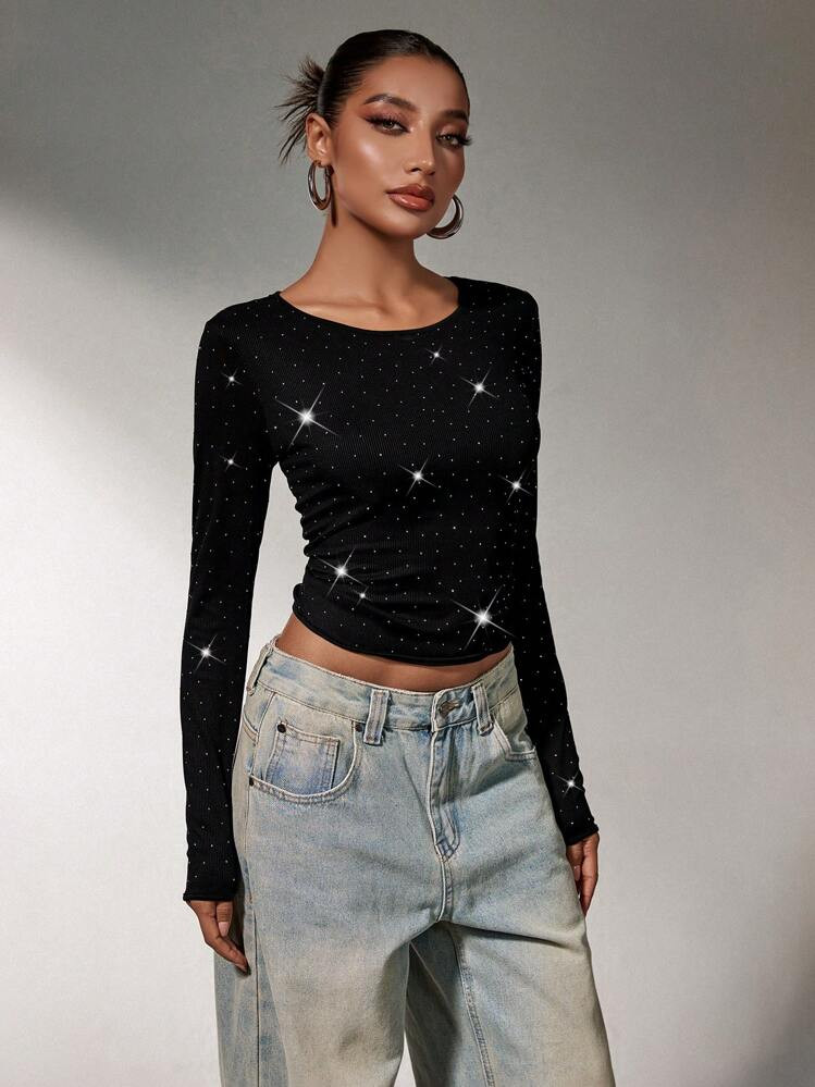 SHEIN SXY Casual Sexy Nightclub Black Rhinestone Knitted Long-Sleeved T-Shirt;Black Top;Fall Wome... | SHEIN