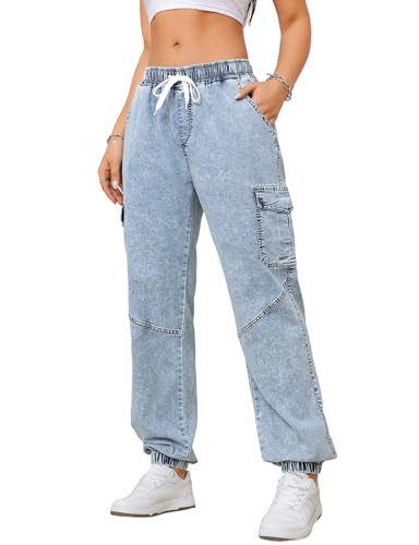 LBDLONGBIDA Jean Joggers for Women Elastic Waist Cargo Jeans Stretch Loose Baggy Denim Pants with Drawstring, Light Blue, M | Amazon (US)