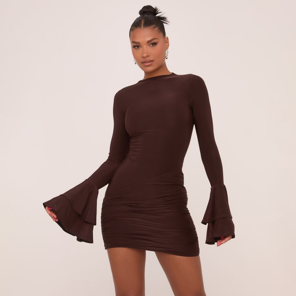 Long Flared Sleeve Wrap Front Mini Bodycon Dress In Chocolate Brown | EGO Shoes (US & Canada)