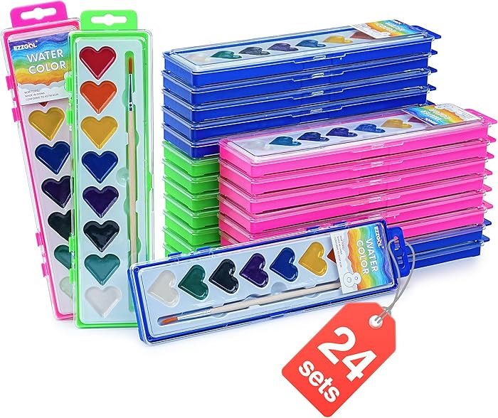 Watercolor Paint Sets Bulk, 24 pack 8 Colors Washable Paint Sets,Wooden Brushes, Idear Valentines... | Amazon (US)