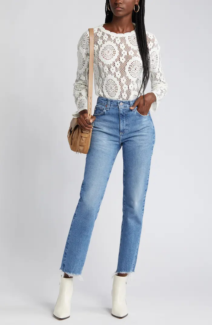 Saige High Waist Raw Hem Straight Leg Jeans | Nordstrom