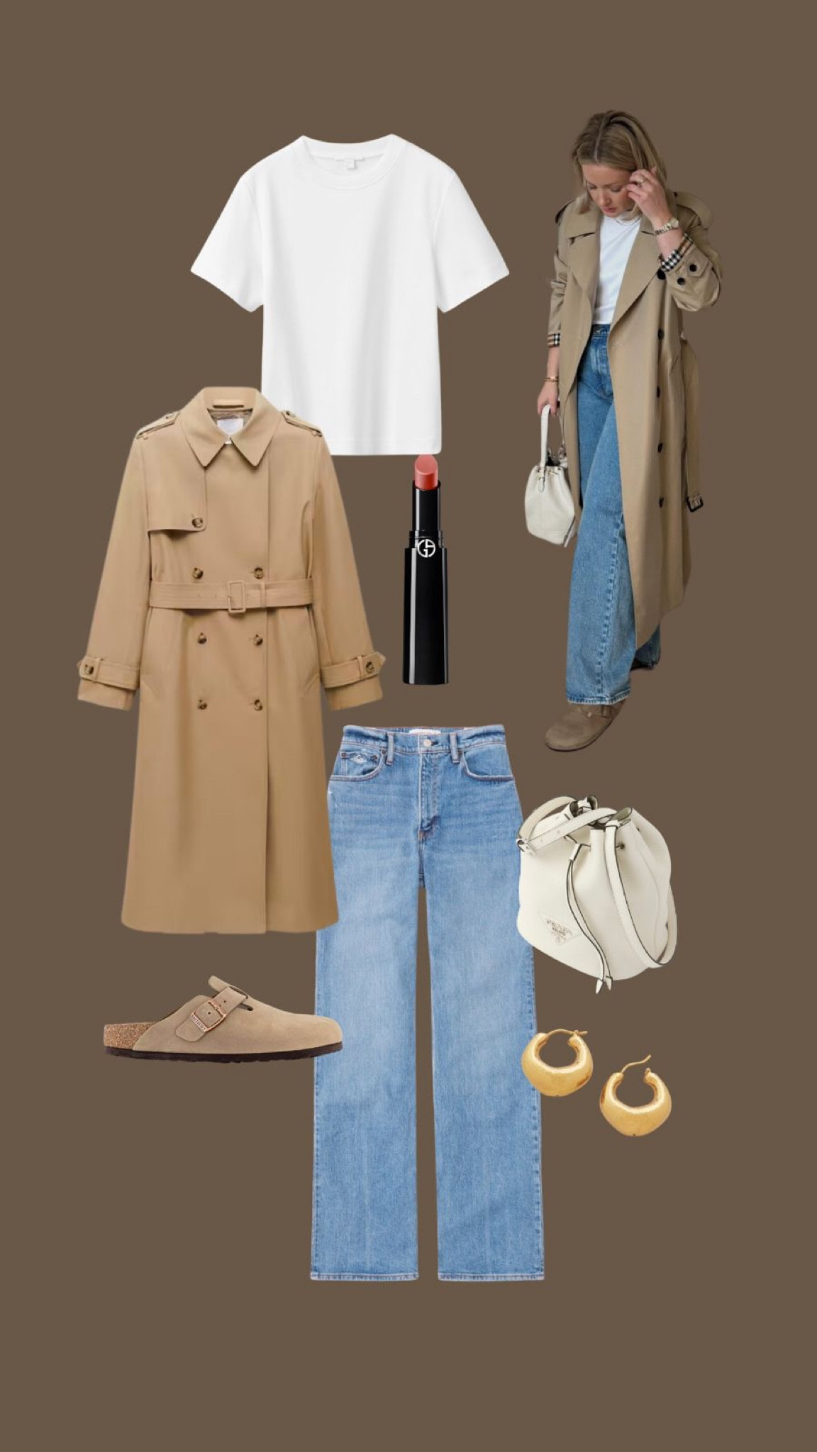 Ways to wear the Abercrombie 90s relaxed jeans. Blue jeans  Cos white t shirt, trench coat, Birkenstock Boston shoes, Armani beauty lipstick, Monica vinader gold chunky hoop earrings, Prada white bucket bag. 

#LTKstyletip #LTKeurope #LTKSeasonal